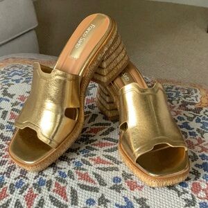 Franco Sarto Gold Mules with Chunky Heel